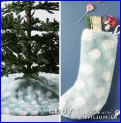 2 Nwt Anthropologie Faux Fur Tree Skirt & Matching Christmas Stocking Mint Dot