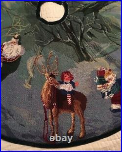 43 Vintage Wool Needlepoint Christmas Tree Skirt with Santa, Sleigh and Toys