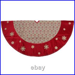 60 In. Burlap Glittered Snowflake Rustic Christmas Tree Skirt with Red Velvet Tr