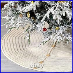 60-Inch Knitted Christmas Tree Skirt Round with Oak Buttons  Cream