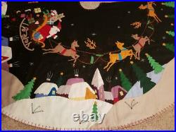 72 Handmade Wool Santa Sleigh Reindeer CHRISTMAS TREE SKIRT Embroidered Beaded