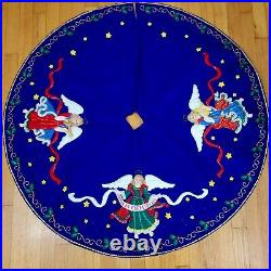 Angel XMAS Tree Skirt Embroidered Jeweled Handmade Felt Sequined Blue 44 Vtg