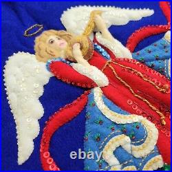 Angel XMAS Tree Skirt Embroidered Jeweled Handmade Felt Sequined Blue 44 Vtg