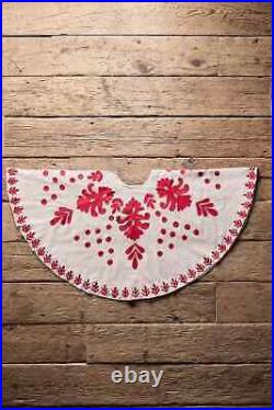 Anthropologie Embroidered Leafy Tree Skirt Hand-Embroidered Fleur-de-lis Red NEW