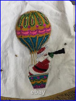 BUCILLA 43 Christmas Tree Skirt Up & Away Santa Hot Air Balloon Finished Vtg