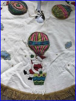 BUCILLA 43 Christmas Tree Skirt Up & Away Santa Hot Air Balloon Finished Vtg