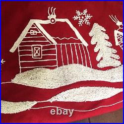 Balsam Hill Christmas Village Tree Skirt Red Wool Embroidered with White 60