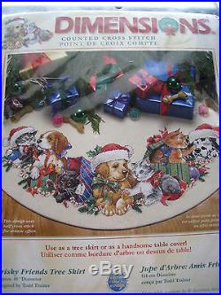 Christmas Dimensions Counted Cross Tree Skirt KIT, FRISKY FRIENDS, Dog, Cat, 8743,45