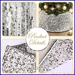 Christmas Tree Collar Shiny Silver White Sequins, 30 Inch Burlap Xmas Tree Skirt