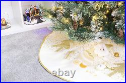 Christmas Tree Skirt Christmas Decorations 48 Inch Cream/Gold Santa and Sta