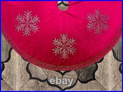 Christmas Tree Skirt Handmade Rhinestones Snowflake on Red Velvet, Holiday Decor