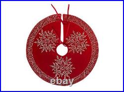 Christmas Tree Skirt Handmade Rhinestones Snowflake on Red Velvet, Holiday Decor