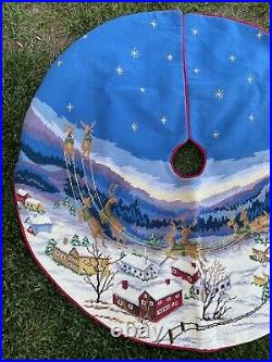 Christmas Tree Skirt Needlepoint Handmade Santa Claus Sled Reindeer Stary Sky
