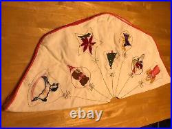 Christmas Vintage Handmade Linen Cotton Embroidered Felted Tree Skirt 42