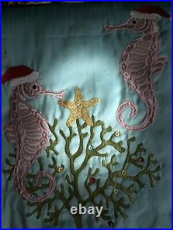 Coastal Christmas-Tree Skirt- Large 54-Beautiful Seahorses With Santa Hats! HTF