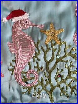 Coastal Christmas-Tree Skirt- Large 54-Beautiful Seahorses With Santa Hats! HTF