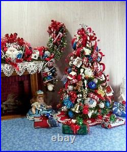 DOLLHOUSE Miniature CHRISTMAS TREE, Tree Skirt, Doll + 4 Presents Handcrafted