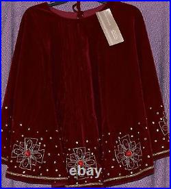 Deluxe Beaded Handcrafted Christmas Tree Skirt Red Wine Gold Trim Jeweled New