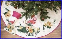 Embellished Tropical Flamingo Christmas Tree Skirt And (2) Stockings- Set Of 3