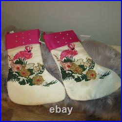 Embellished Tropical Flamingo Christmas Tree Skirt And (2) Stockings- Set Of 3