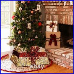 Gold LED Santa Festive Design Christmas Tree Skirt Xmas Stand Cover Decoration