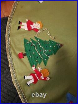 HUGE 60 Vintage Mid Century Green Felt Sequin & Beads Tree Skirt Santa Xmas
