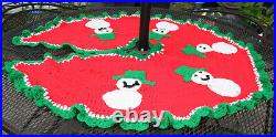 Handmade Crochet Knit Snowman Red Green White Christmas Tree Skirt