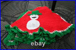 Handmade Crochet Knit Snowman Red Green White Christmas Tree Skirt