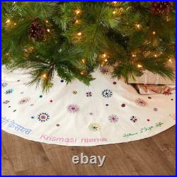 India Hand Embroidered Holiday Greeting Christmas Tree Skirt