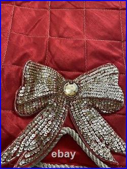 Kim Seybert Embellished Holiday Tree Skirt- Red And Gold- Sequin Bow Tie-60