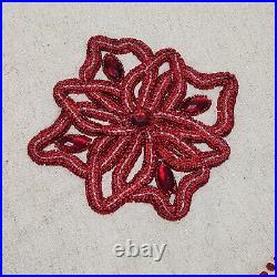 Kim Seybert Red Embellished Beaded Scallop Christmas Tree Skirt Embroidery Linen