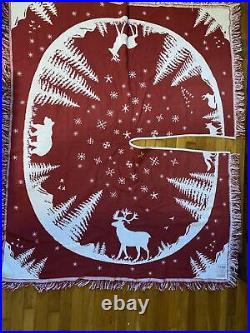 LL Bean Christmas Tree Skirt Blanket Reversible Red White Cotton Reindeer Fringe