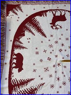 LL Bean Christmas Tree Skirt Blanket Reversible Red White Cotton Reindeer Fringe