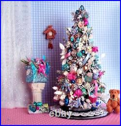 Miniature Dollhouse Snow Tipped Christmas Tree, Tree Skirt, Presents & Pedestal