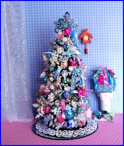 Miniature Dollhouse Snow Tipped Christmas Tree, Tree Skirt, Presents & Pedestal