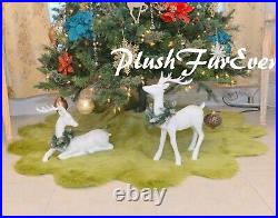 Olive Green Flower Tree Skirt Faux Fur Shaggy Christmas Decors 5
