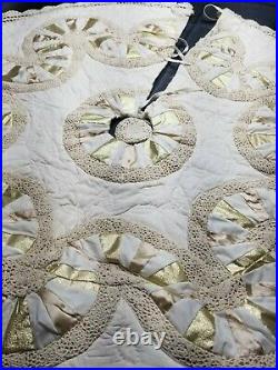 Quilted Christmas Tree Skirt withSatin Gold Crochet Hand Made 60 Cream White