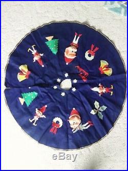 RARE Blue Vintage 1960's 50's Felt Pixie Elf Elves Christmas Tree Skirt Xmas