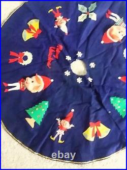 RARE Blue Vintage Felt Pixie Elf Elves Christmas Tree Skirt Xmas
