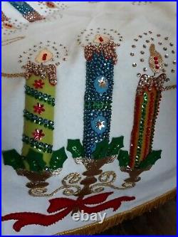 RARE Vtg Bucilla Christmas Candles Felt Tree Skirt from 60s Kit MCM Table Topper