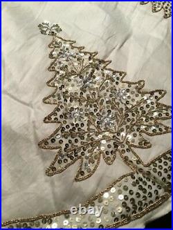 Rachel Zoe Plush white silk like fabric Gold Sequined 54 CHRISTMAS Tree Skirt