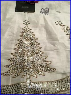Rachel Zoe Plush white silk like fabric Gold Sequined 54 CHRISTMAS Tree Skirt