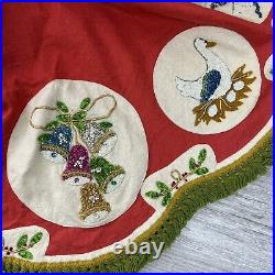 Rare Handmade 12 Days of Christmas Tree Skirt Felt Tablecloth Oval shape 48x58in