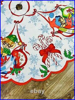 Rare VGT 50's 60's Handpainted Pixie Elves XL 48 inch Christmas Tree Skirt