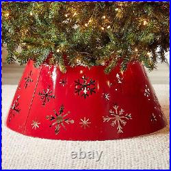 Red Snowflake Christmas Tree Collar Metal Skirt Ring Cover Holiday Home Decor
