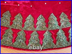 Sudha Pennathur Red Velvet Beaded Embroidered Christmas Tree Skirt Treeline New