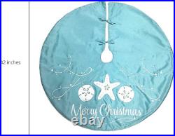 Teal Merry Christmas Tree Skirt, Coastal Beach Themed Xmas Decorations, Reusable