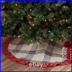 Twilight Plaid Christmas Tree Skirt withRed Velvet Border, 48 Diameter, Farmho