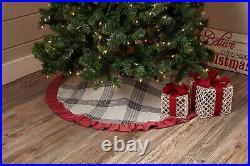 Twilight Plaid Christmas Tree Skirt withRed Velvet Border, 48 Diameter, Farmho