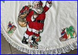 VTG 1950's Christmas Tree Skirt Santa Handmade Train Kitten Appliqué Lace Lined